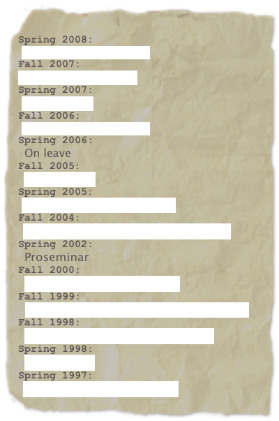 
Spring 2008:
 Problems of Philosophy
Fall 2007:
 Seminar: Aboutness
Spring 2007:
 Metaphysics
Fall 2006:
 Problems of Philosophy
Spring 2006: 
 On leave
Fall 2005:
 MetaphysicsSpring 2005: 
 Relativism, Reason, Reality
Fall 2004:
 Seminar: Fiction and Presupposition
Spring 2002:
 Proseminar
Fall 2000:
 Philosophy of Mathematics
Fall 1999:  
  Seminar: Things, Properties, & All That
Fall 1998:
 Seminar: Truth, Being, & All That
Spring 1998:
 Modal Logic
Spring 1997:
 Metaphor and Metaphysics
