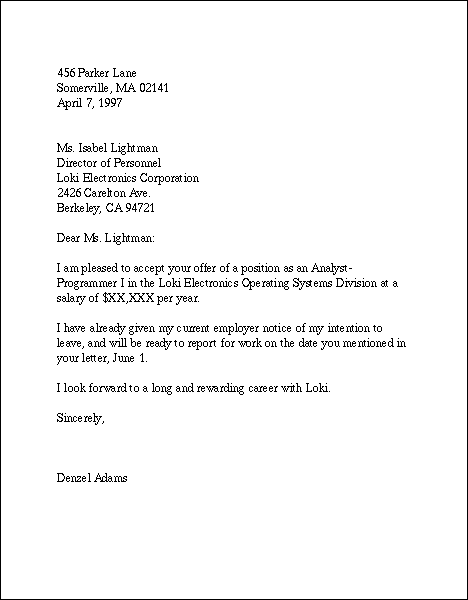 Cover letter job offer acceptance