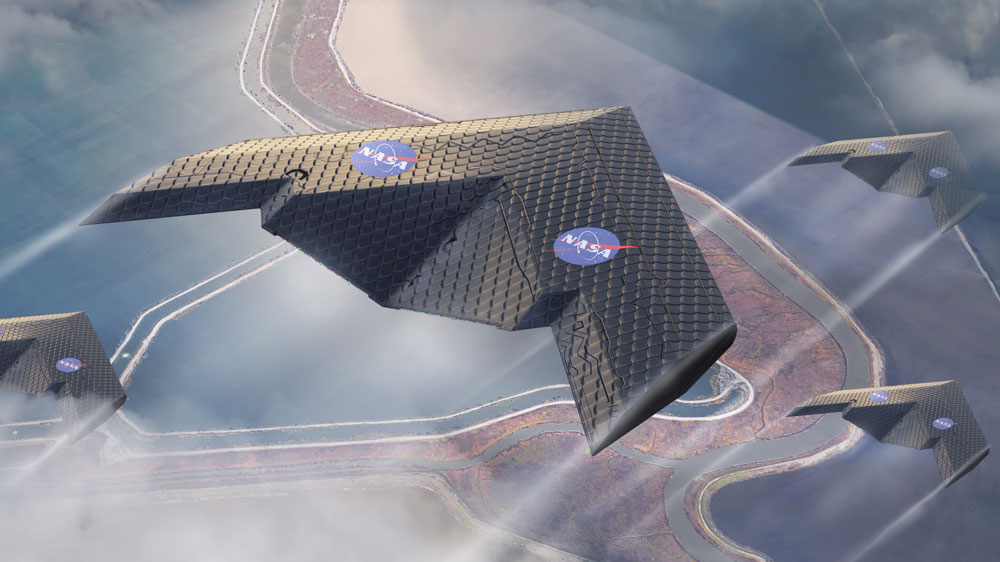 An artist's rendering of the morphing wing airplane in flight