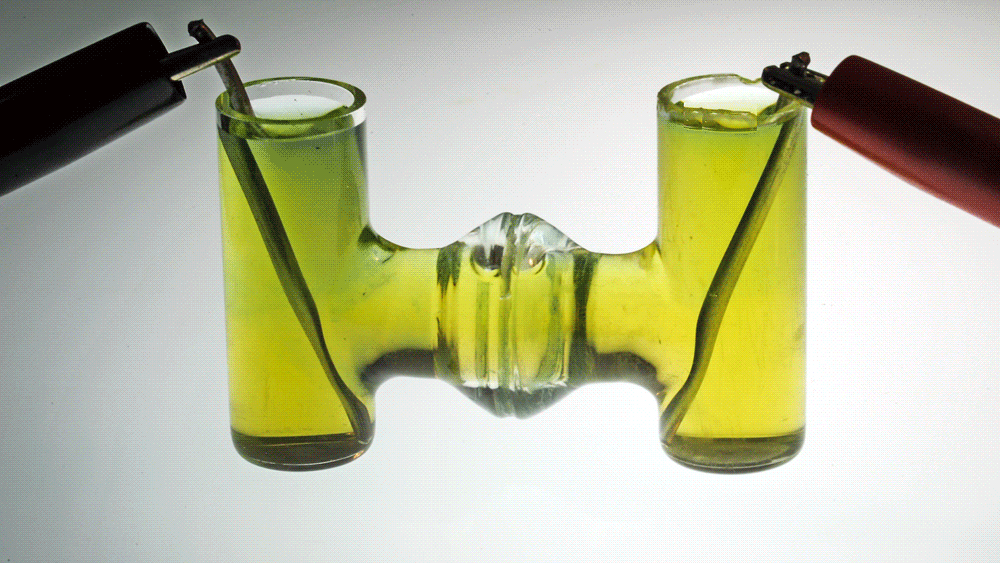Dyes show how an acid and base are produced at positive and negative electrodes