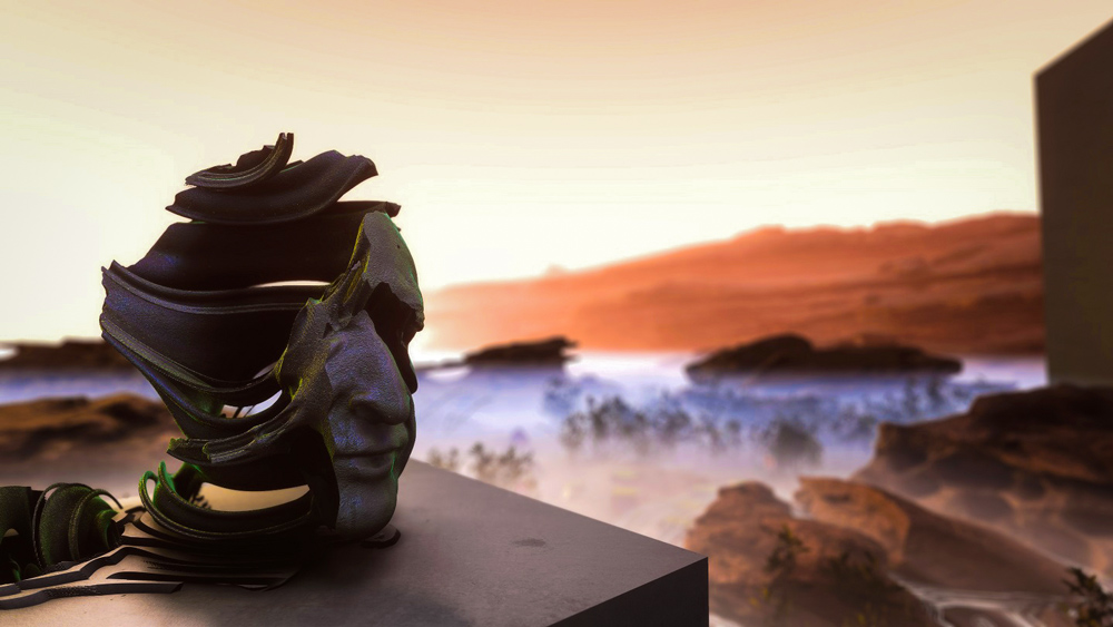 A sculpture of a partial face setting on a tabletop