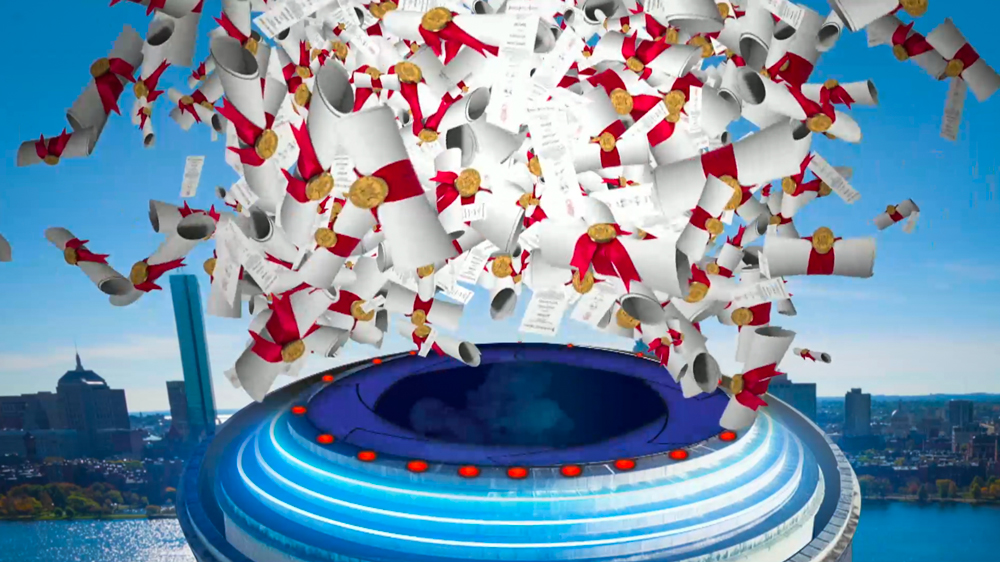 illustration of MIT dome bursting with diplomas