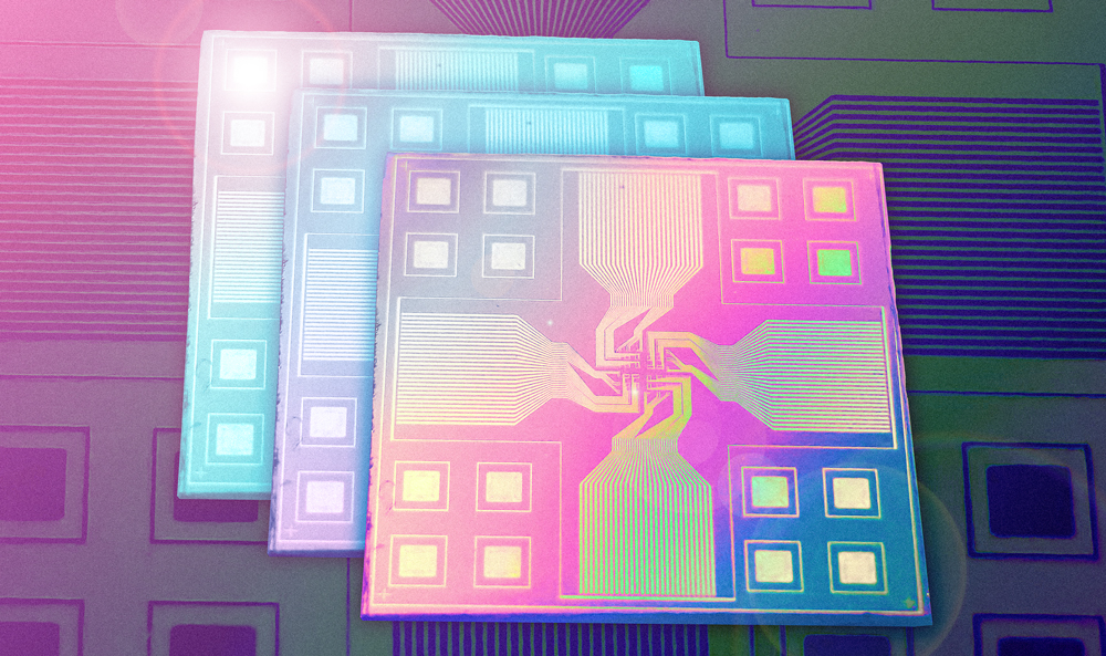 MIT engineers have created a reconfigurable AI chip, pictured here, stacked,and in rainbow colors