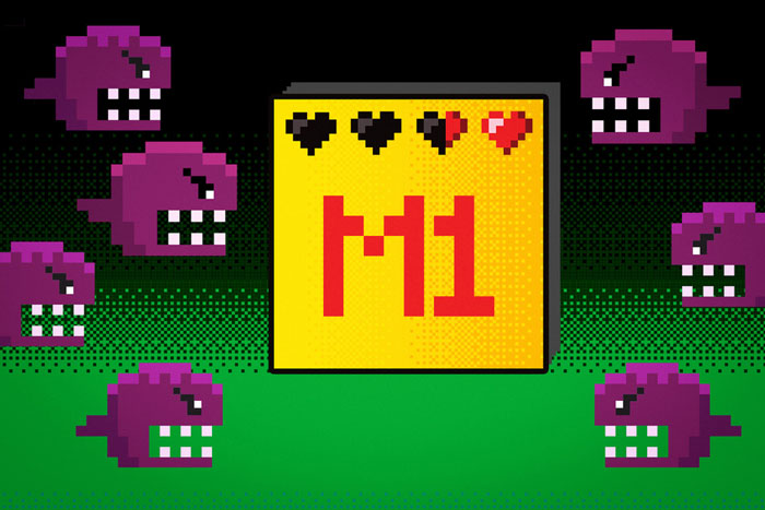 illustration shows little purple bad guy sprites surrounding a yellow M1 chip