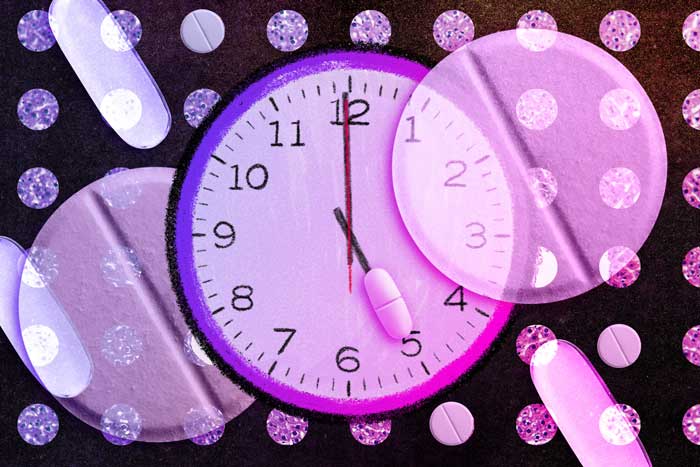 A large clock is in the middle, and medication pills float around it. In the background is a grid of circles, and each has liver molecules inside.
