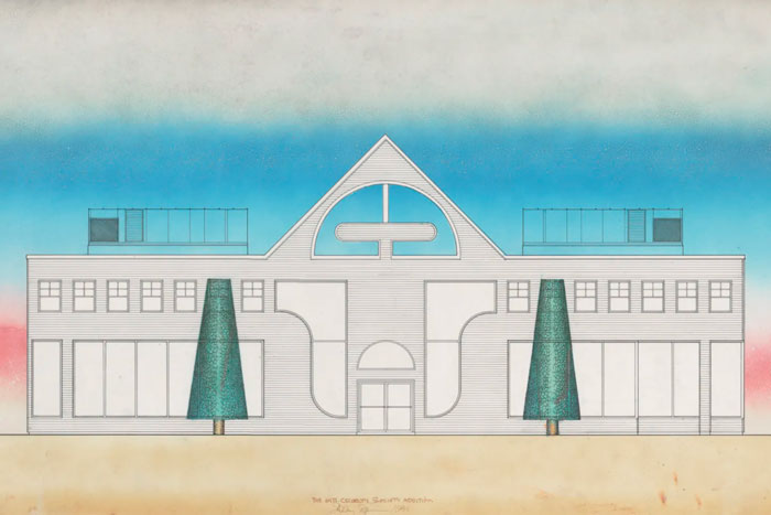 A stylized drawing of a symmetrical building with 2 trees in front by Stanley Tigerman, "The Anti-Cruelty Society Addition, Chicago, Illinois, 1981."