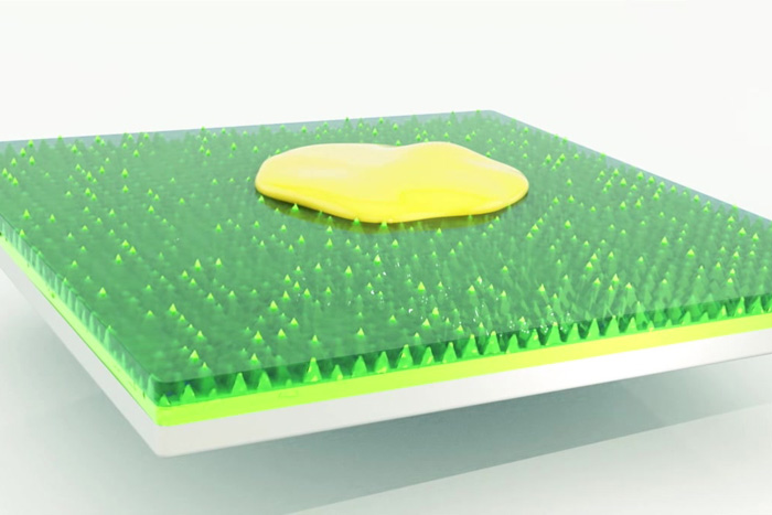 Yellow liquid on slick unique green surface rendering