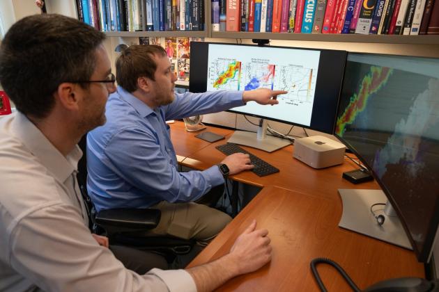 Mark Veillette (left) and James Kurdzo compiled TorNet, an open-source dataset containing thousands of radar images depicting tornadoes and other severe storms. The dataset can serve as a benchmark for researchers to develop tornado-detecting AI algorithms.  