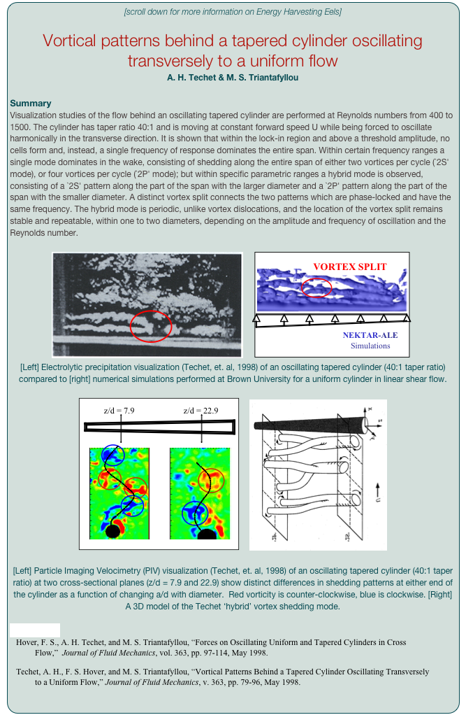 [scroll down for more information on Energy Harvesting Eels]
  
Vortical patterns behind a tapered cylinder oscillating transversely to a uniform flow
A. H. Techet & M. S. Triantafyllou

Summary
Visualization studies of the flow behind an oscillating tapered cylinder are performed at Reynolds numbers from 400 to 1500. The cylinder has taper ratio 40:1 and is moving at constant forward speed U while being forced to oscillate harmonically in the transverse direction. It is shown that within the lock-in region and above a threshold amplitude, no cells form and, instead, a single frequency of response dominates the entire span. Within certain frequency ranges a single mode dominates in the wake, consisting of shedding along the entire span of either two vortices per cycle (`2S' mode), or four vortices per cycle (`2P' mode); but within specific parametric ranges a hybrid mode is observed, consisting of a `2S' pattern along the part of the span with the larger diameter and a `2P' pattern along the part of the span with the smaller diameter. A distinct vortex split connects the two patterns which are phase-locked and have the same frequency. The hybrid mode is periodic, unlike vortex dislocations, and the location of the vortex split remains stable and repeatable, within one to two diameters, depending on the amplitude and frequency of oscillation and the Reynolds number.

￼    ￼
[Left] Electrolytic precipitation visualization (Techet, et. al, 1998) of an oscillating tapered cylinder (40:1 taper ratio) compared to [right] numerical simulations performed at Brown University for a uniform cylinder in linear shear flow.
￼    ￼

[Left] Particle Imaging Velocimetry (PIV) visualization (Techet, et. al, 1998) of an oscillating tapered cylinder (40:1 taper ratio) at two cross-sectional planes (z/d = 7.9 and 22.9) show distinct differences in shedding patterns at either end of the cylinder as a function of changing a/d with diameter.  Red vorticity is counter-clockwise, blue is clockwise. [Right] A 3D model of the Techet ‘hybrid’ vortex shedding mode.

References
Hover, F. S., A. H. Techet, and M. S. Triantafyllou, “Forces on Oscillating Uniform and Tapered Cylinders in Cross Flow,”  Journal of Fluid Mechanics, vol. 363, pp. 97-114, May 1998. 
Techet, A. H., F. S. Hover, and M. S. Triantafyllou, “Vortical Patterns Behind a Tapered Cylinder Oscillating Transversely to a Uniform Flow,” Journal of Fluid Mechanics, v. 363, pp. 79-96, May 1998.

