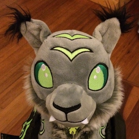 The head of a gray plush cat with green eyes, decorated with the symbols of the Burning Legion