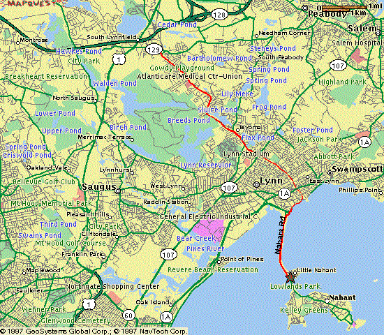 map showing path from Rte. 128 to Nahant