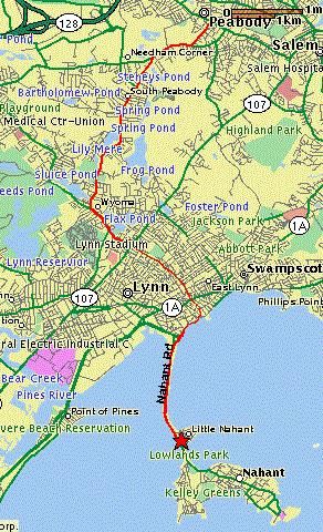 map showing path from Peabody to Nahant