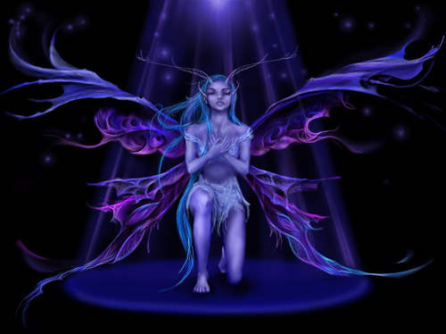 Blue-purple fairy kneeling