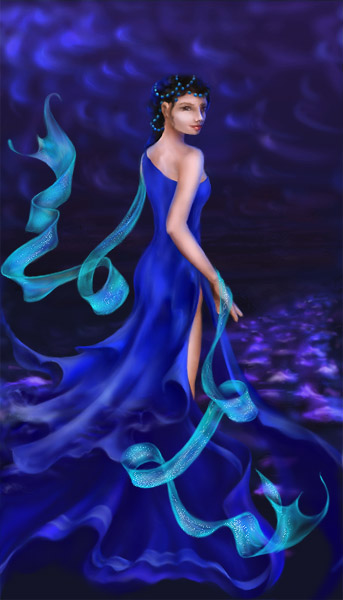 Beautiful lady dressed in the waves of the sea