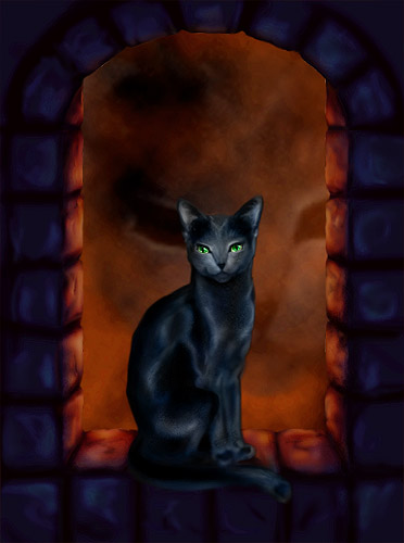 A black cat with glowing green eyes, in a castle windowsill