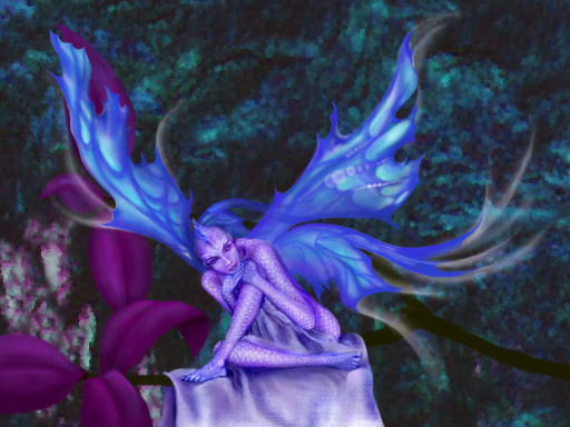 Winged, sitting, violet scaled demonform