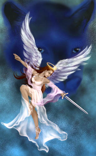 Angel in white dress with sword