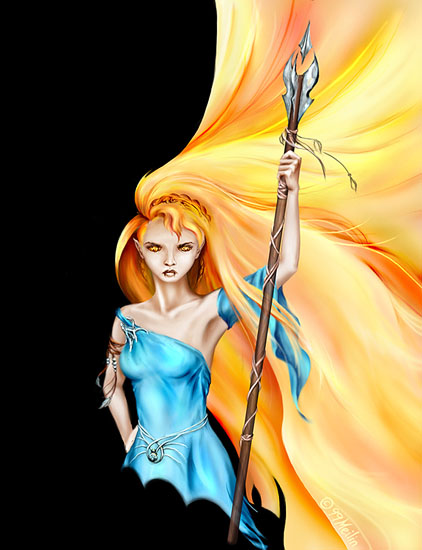 Wild red-gold hair, amber eyes, sharp pointy teeth