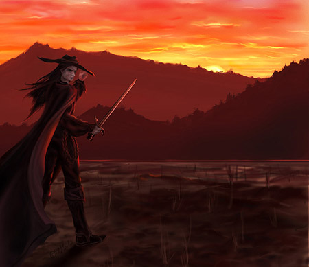 sunset over mountains, man with sword