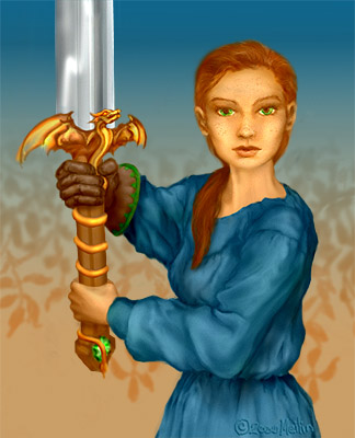 Green eyes, sword with dragon wing guard