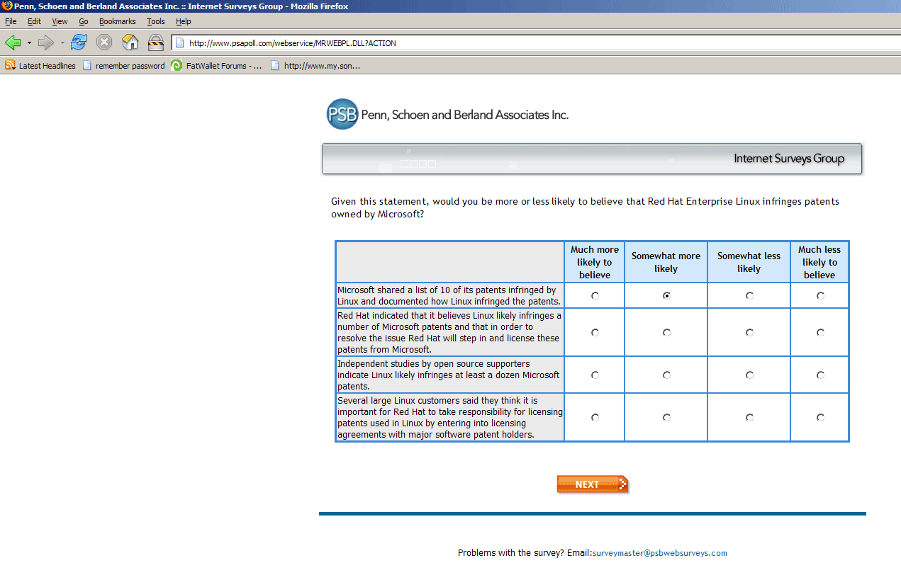 Given this statement, would you be more or less likely to believe that Red Hat Enterprise Linux infringes patents owned by Microsoft? 1) Microsoft shared a list of 10 of its patents infringed by Linux and documented how Linux infringed the patents. 2) Red Hat indicated that it believes Linux likely infringes a number of Microsoft patents and that in order to resolve the issue Red Hat will step in and license these patents from Microsoft. 3) Independent studies by open source supporters indicate Linux likely infringes at least a dozen Microsoft patents. 4) Several large Linux customers say they think it is important for Red Hat to take responsibility for licensing patents used in Linux by entering into licensing agreements with major software patent holders.