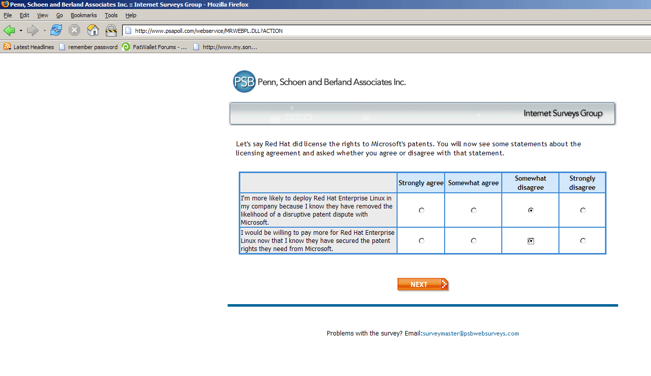 Let's say Red Hat did license the rights to Microsoft's patents. You will now see some statements about the licensing agreement and asked whether you agree or disagree with that statement. 1) I'm more likely to deploy Red Hat Enterprise Linux in my company because I know they have removed the likelihood of a disruptive patent dispute with Microsoft. 2) I would be willing to pay more for Red Hat Enterprise Linux now that I know they have secured the patent rights they need from Microsoft.