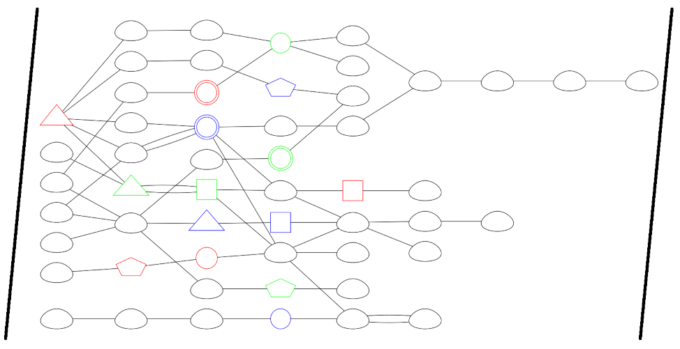 Various shapes with lines connecting them and of various colors