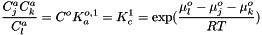 \[ \frac{C^a_j C^a_k}{ C^a_l} = C^o K_a^{o,1} = K_c^1 = \exp(\frac{\mu^{o}_l - \mu^{o}_j - \mu^{o}_k}{R T} ) \]