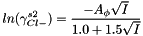 \[ ln(\gamma_{Cl-}^{s2}) = \frac{-A_{\phi} \sqrt{I}}{1.0 + 1.5 \sqrt{I}} \]