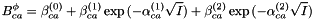 \[ B^{\phi}_{ca} = \beta^{(0)}_{ca} + \beta^{(1)}_{ca} \exp{(- \alpha^{(1)}_{ca} \sqrt{I})} + \beta^{(2)}_{ca} \exp{(- \alpha^{(2)}_{ca} \sqrt{I} )} \]
