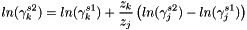 \[ ln(\gamma_k^{s2}) = ln(\gamma_k^{s1}) + \frac{z_k}{z_j} \left( ln(\gamma_j^{s2}) - ln(\gamma_j^{s1}) \right) \]