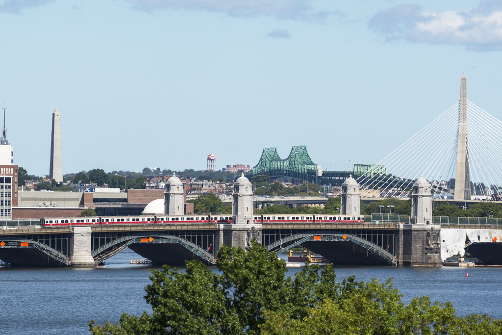 The Red Line train crosses the Longfellow Bridge, which connects Cambridge and Boston.