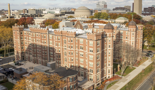 Aerial view of Maseeh Hall. Other MIT buildings are seen in the background.