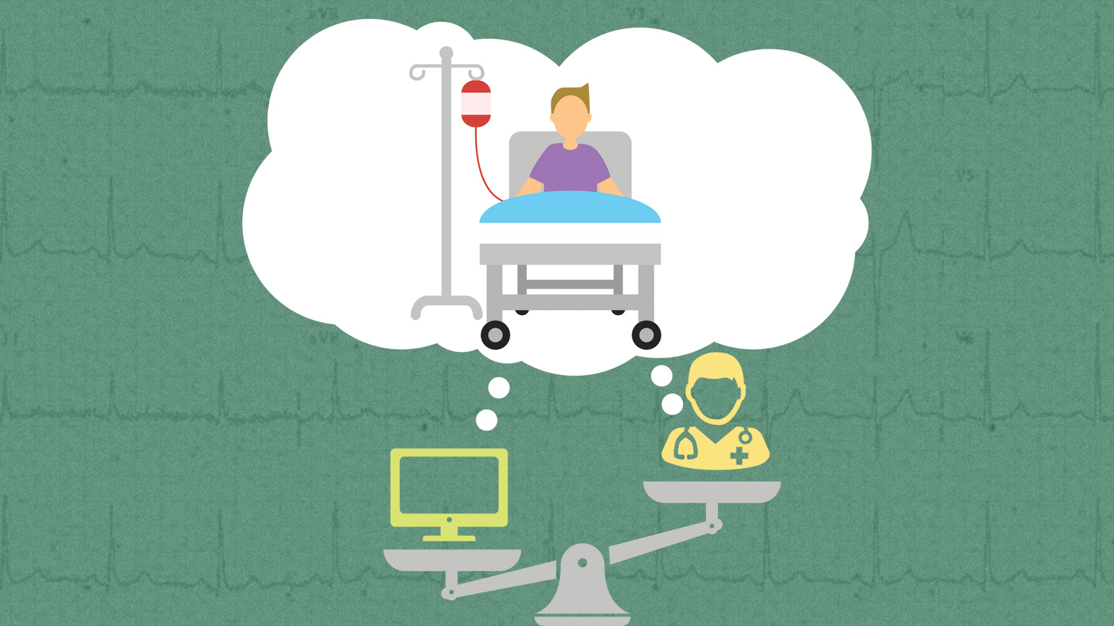 An illustration of a computer and a doctors thinking about a patient