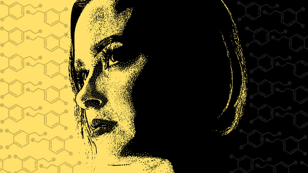 An illustration of an alert woman surrounded by skeletal formulas of dopamine 