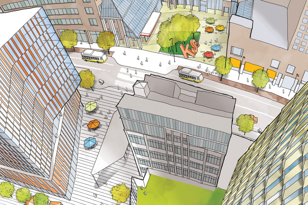 An illustration of an aerial view of bustling Kendall Square in Cambridge