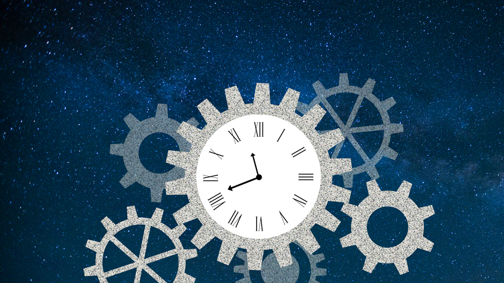 An illustration of gears moving a clock to countdown to midnight and then fireworks going off