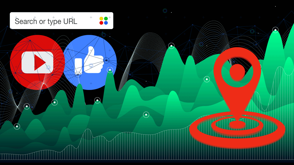 icons of search engines, map apps and social media platforms over a graph made from rising and falling data points