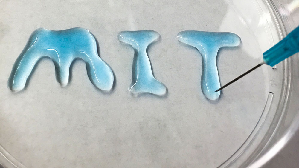 injectable hydrogel spelling out MIT in a Petri dish