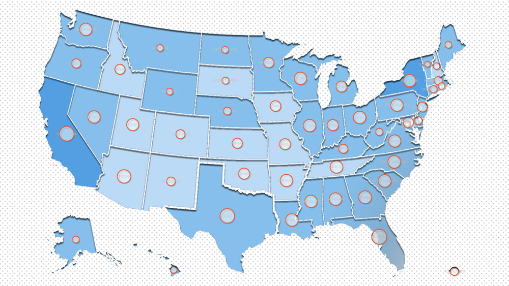 Map of United States showing rates of of Covid-19 cases