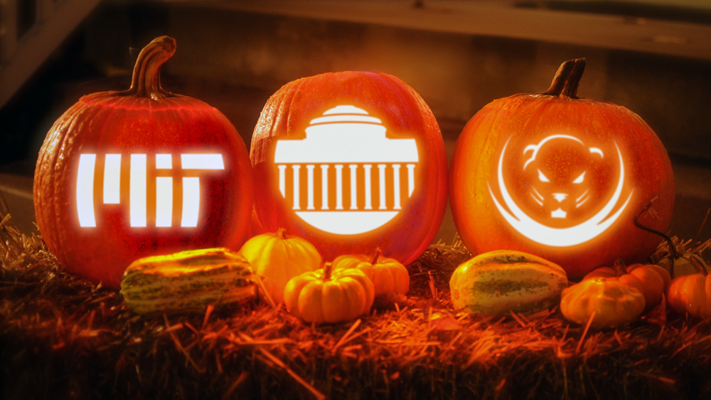 3 jack-o-lanterns with MIT logo, dome, and beaver