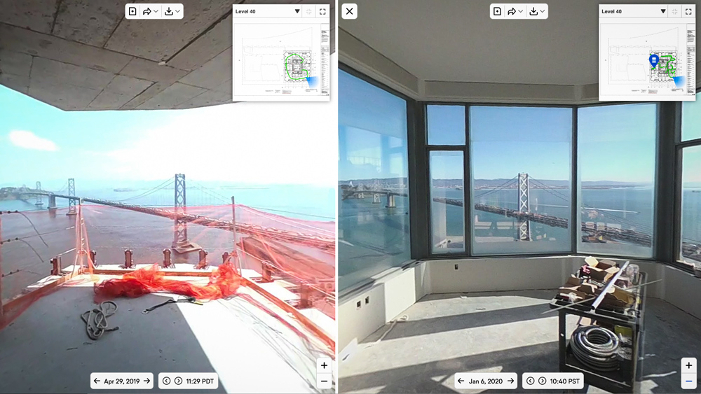 2 photos of building site from same angle showing progress
