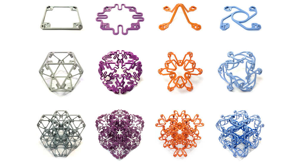 4 different colored single shapes and the 3D structures each can form when put together with other similar shapes
