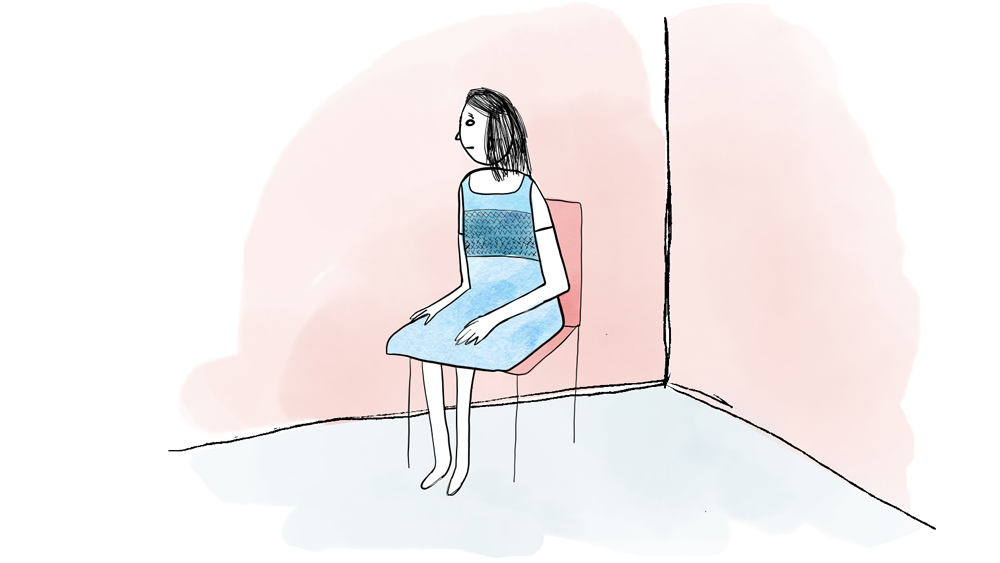 an illustration of a woman alone in a room sitting in a chair