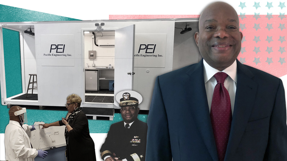 collage of images showing Osie Combs smiling at the camera, in his naval uniform, and at a whiteboard in a lab coat