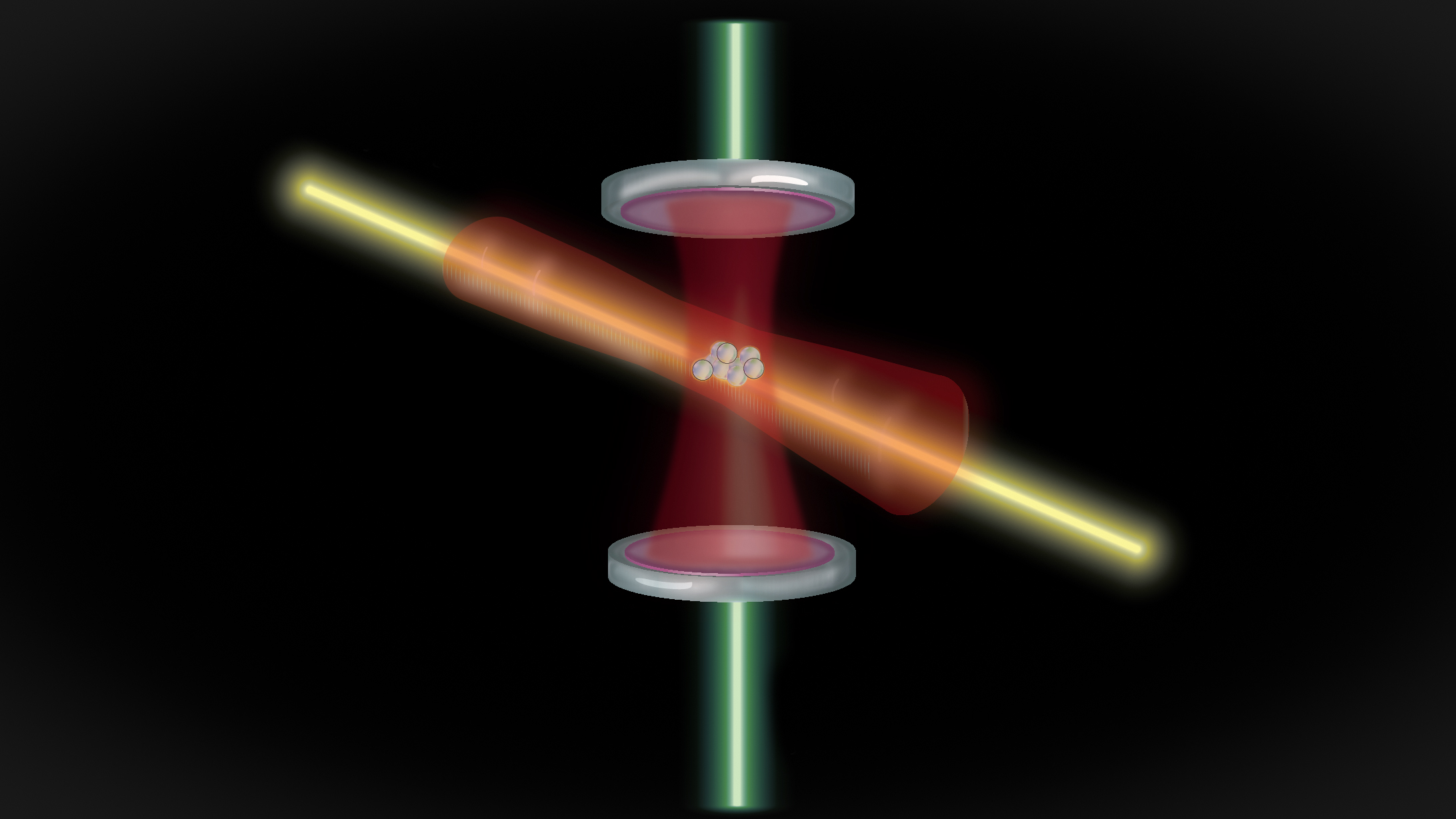 a drawing showing atoms trapped in a cavity composed of 2 mirrors with a laser being shot through them