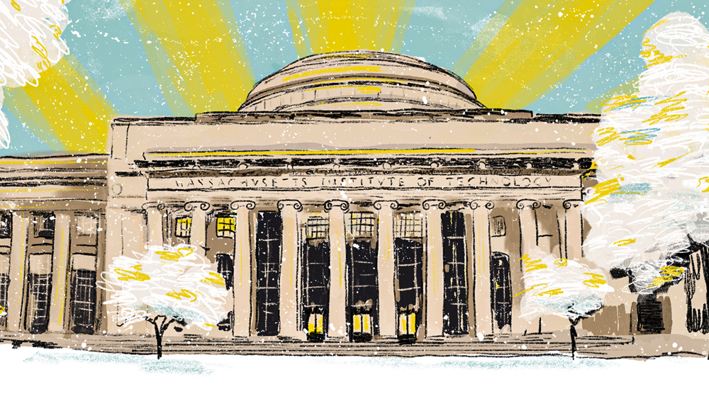 Illustration of Killian Court and dome, snowy and with sunlight. By Jose-Luis Olivares, MIT