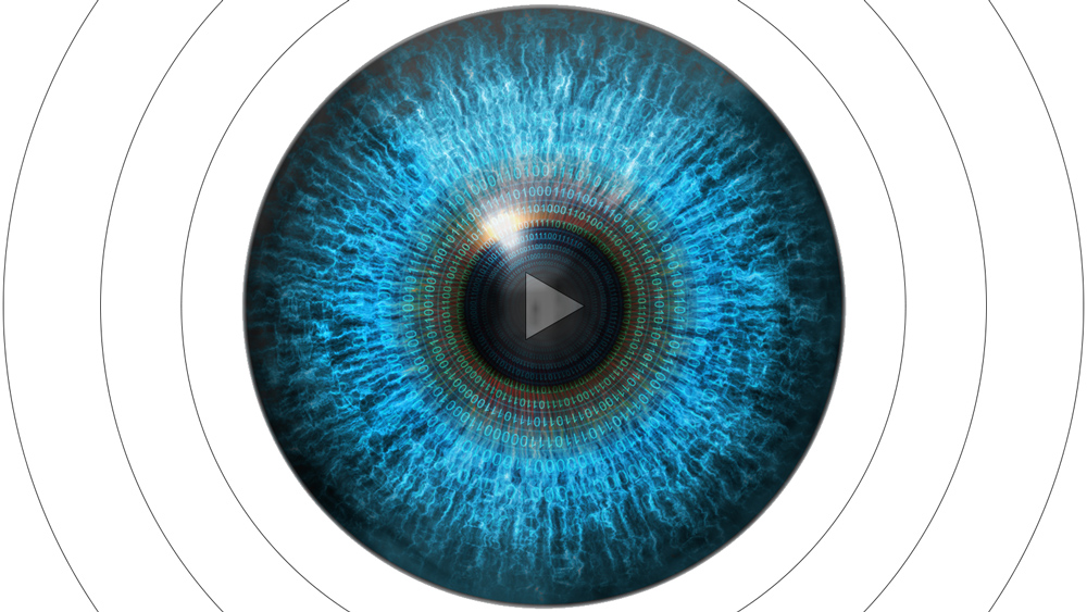 Giant eyeball with video play button in center