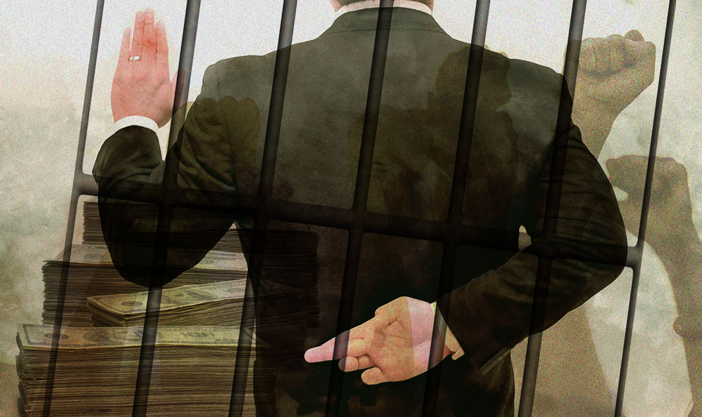 illustration of politician with fingers crossed behind back