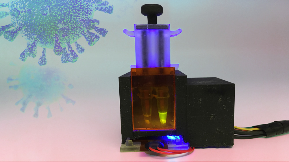 Photo of a Covid-testing device with Coronavirus illustration in background